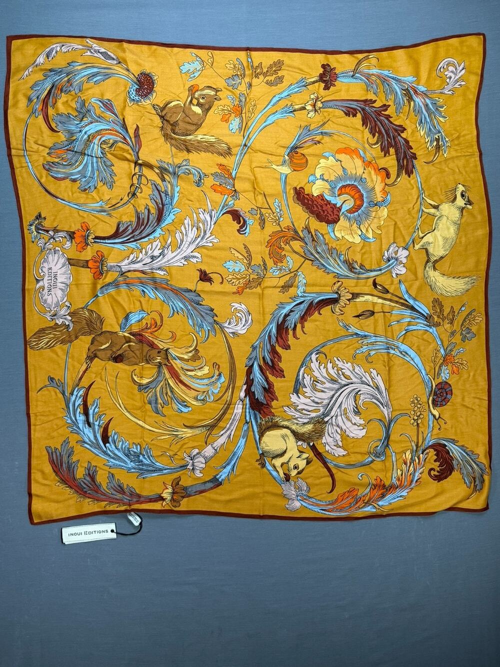 Inoui Editions Rococo Golden Brown Silk Modal Square Scarf Squirrel NWT
